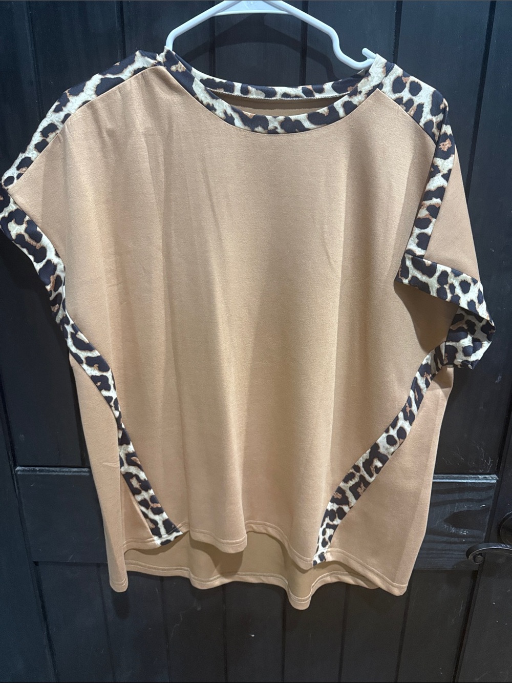 Tan Short-Sleeve Tunic with Leopard Trim